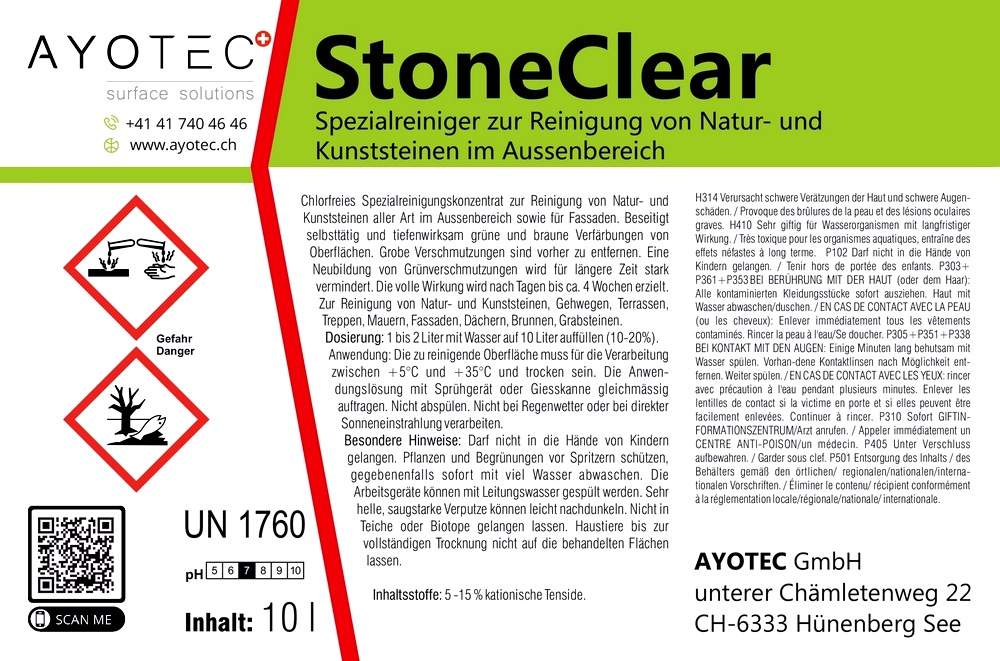 StoneClear | Beseitigt selbsttätig grüne & braune Verfärbungen im Aussenbereich (vermindert stark Neubildungen).
