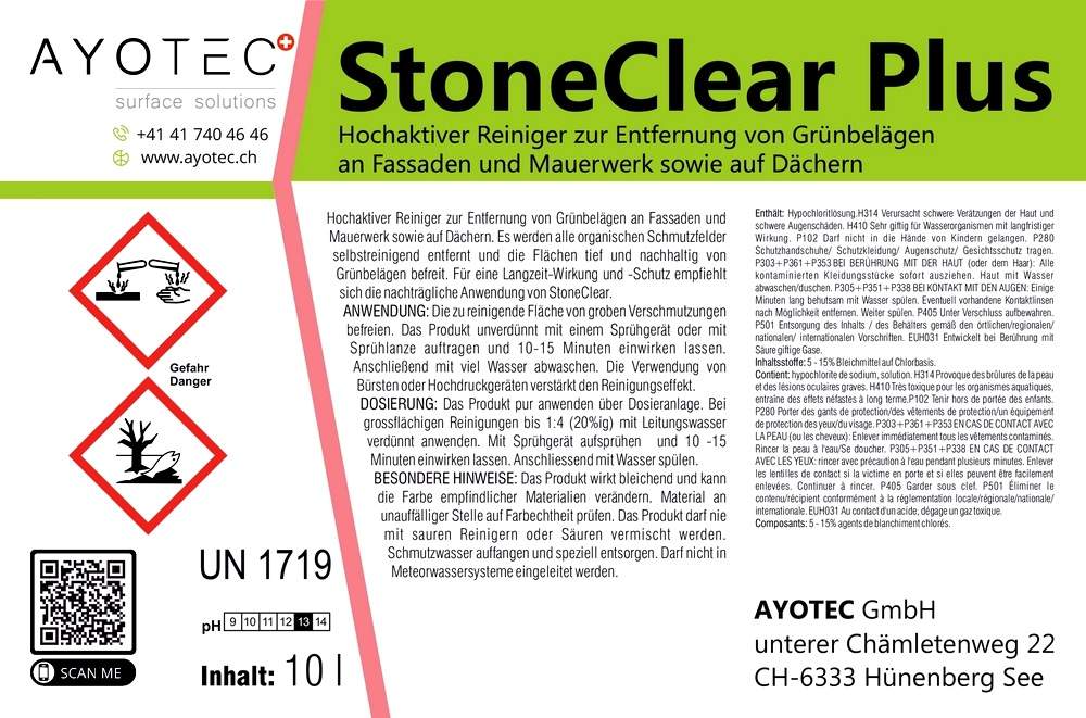 StoneClear Plus | Ein Hochaktiver Reiniger zur Entfernung von Grünbelägen an Fassaden, Mauerwerk und Dächern.