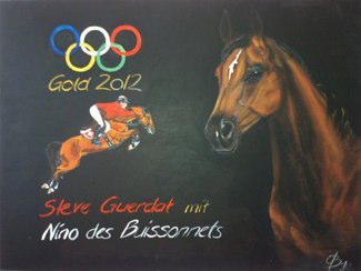 Olympiagold Steve Guerdat  auf Nino de Buissonnets, Acryl 60 x 90 cm