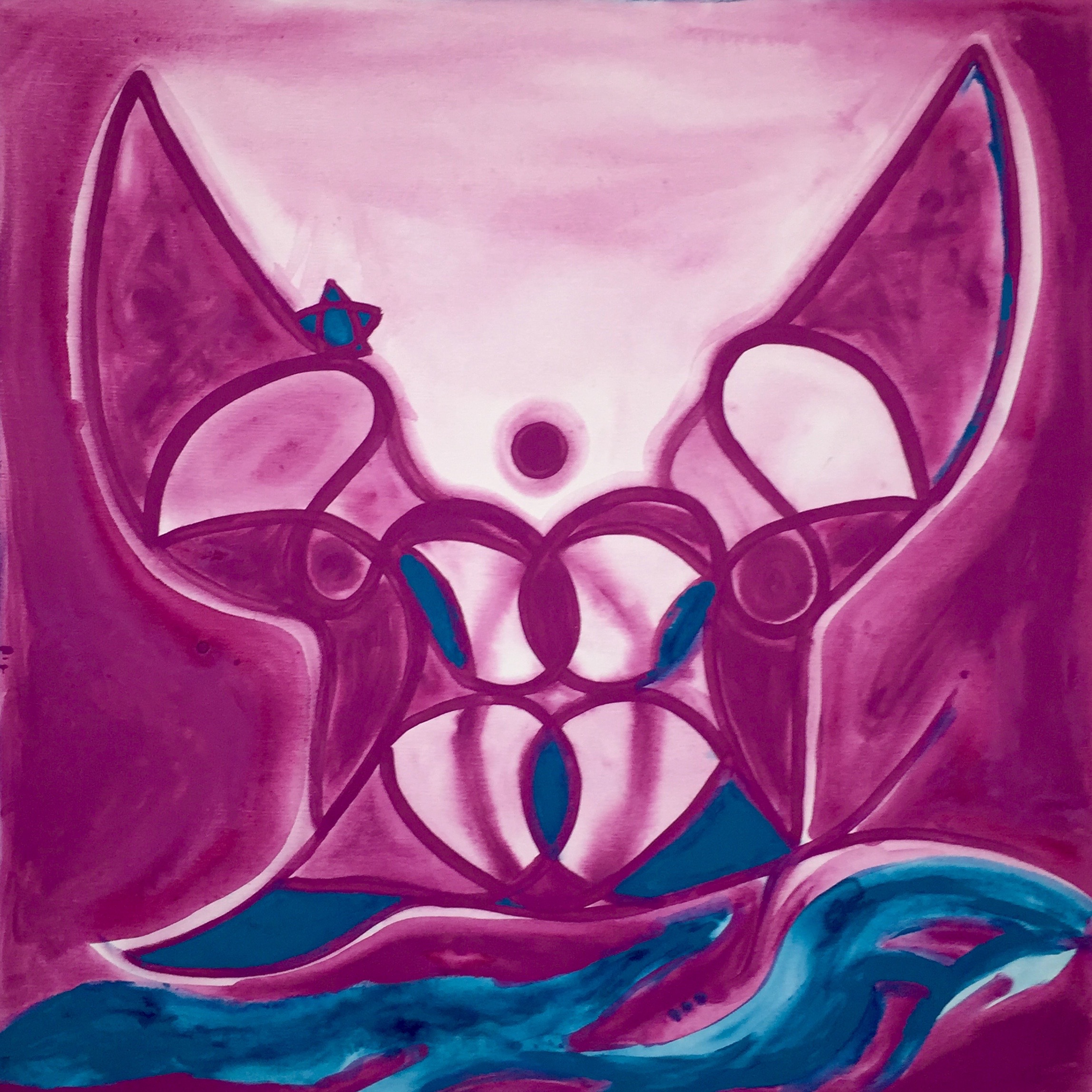 Ein violetter Engel, der sich mit dem blauen Wasser verbindet. Gemalt und aufgeschrieben von Yvonne Frei.